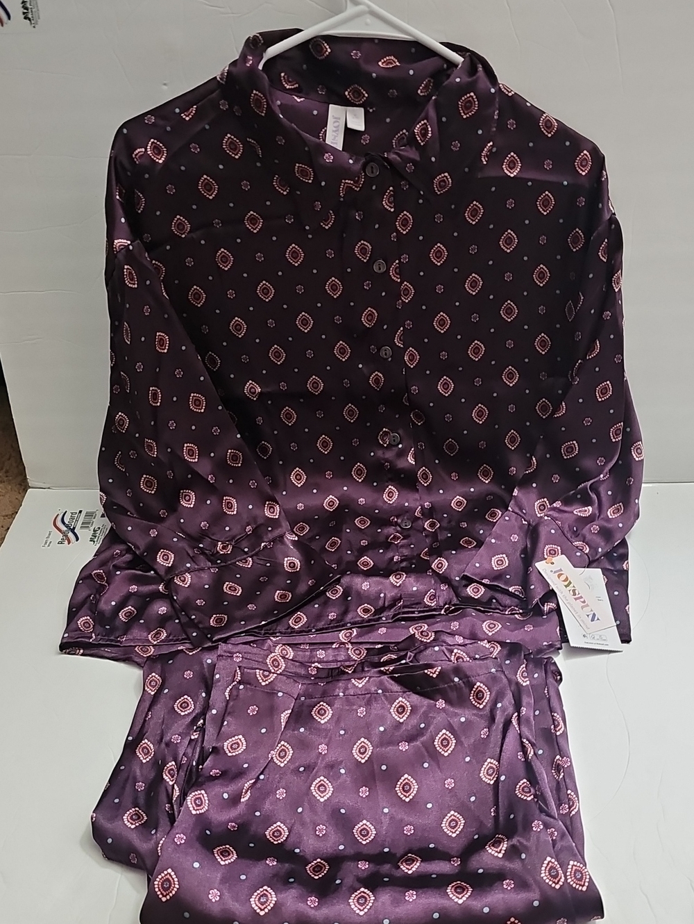 Purple Satin Pajama Set with Geometric Print